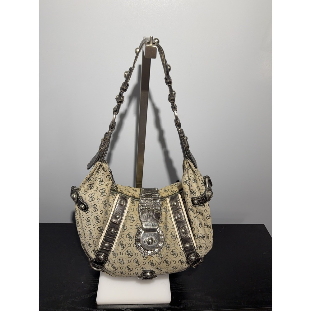 Vintage Y2K Guess Monogram Canvas Shoulder Bag‎ With Silver Studs And Buckles.